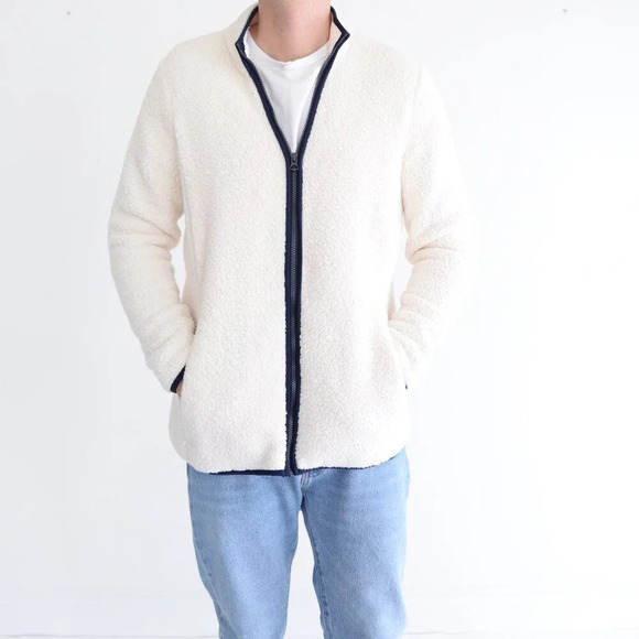 Lands End Cream And Navy  Fleece Breathable Zip Up Sweater Size Large - Picture 1 of 12